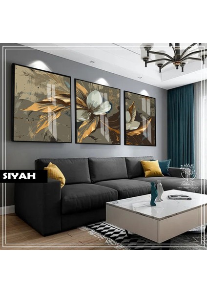 |siyah&gold Set Çiçek Kombini (Artıstıc) |çerçeveli Cam Tablo 3lü Dikey