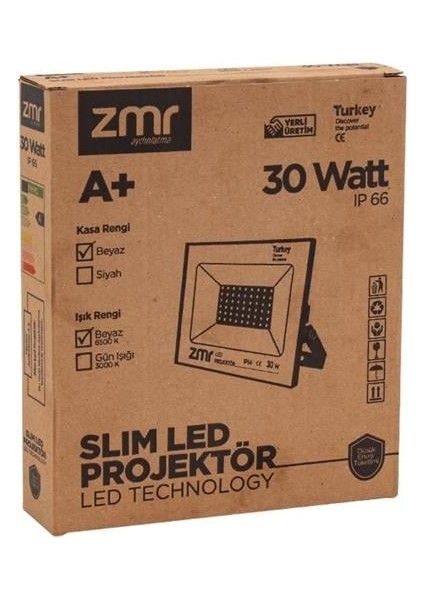 30 Watt 6500K IP66 150* Işık Açısı 220 Volt Siyah Slim Kasa LED Projektör