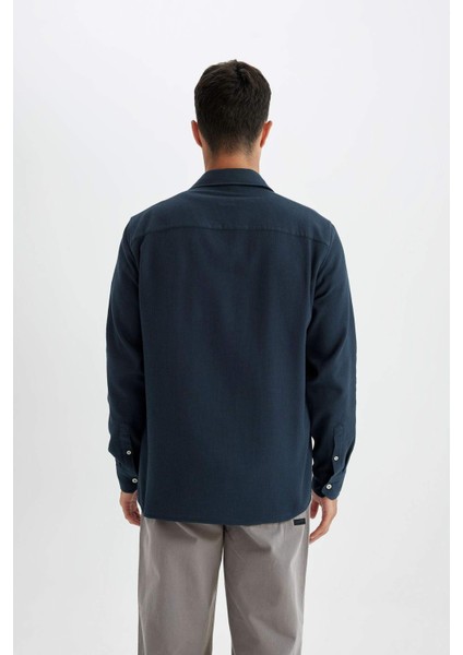 %100 Pamuk Regular Fit Waffle Basic Düz Uzun Kollu Gömlek D1058AX24AU