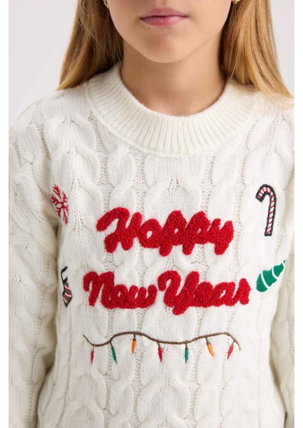 Kız Çocuk Ekru Oversize Geniş Kalıp Bisiklet Yaka Yılbaşı Temalı Triko Kazak D2673A824WN