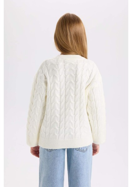 Kız Çocuk Ekru Oversize Geniş Kalıp Bisiklet Yaka Yılbaşı Temalı Triko Kazak D2673A824WN