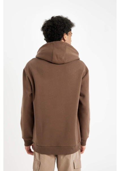 Kahverengi Relax Fit Kapüşonlu Baskılı Sweatshirt Y9652AZ24AU
