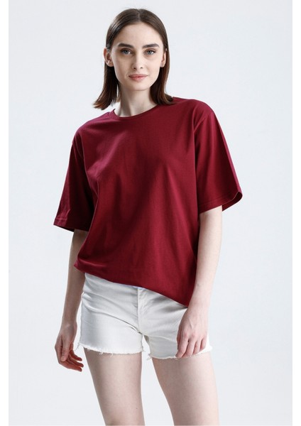 Bordo Loose Fit Unisex T-Shirt %100 Pamuk Bisiklet Yaka Düz Renk