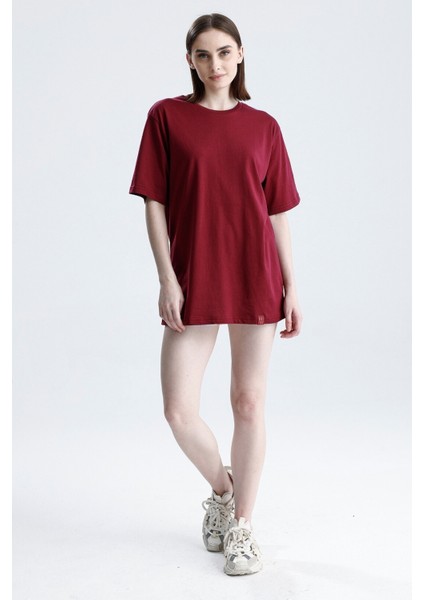 Bordo Loose Fit Unisex T-Shirt %100 Pamuk Bisiklet Yaka Düz Renk fiyatları
