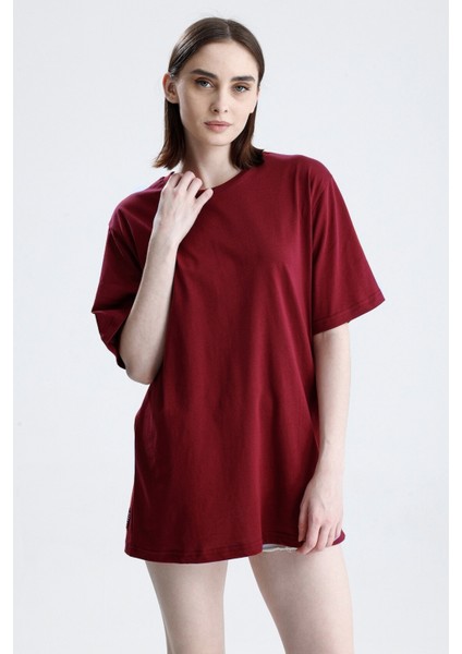 Bordo Loose Fit Unisex T-Shirt %100 Pamuk Bisiklet Yaka Düz Renk modelleri
