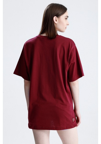 Bordo Loose Fit Unisex T-Shirt %100 Pamuk Bisiklet Yaka Düz Renk indirimleri