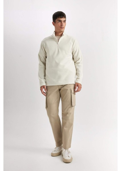 Ekru Tüylenme Yapmayan Soğuk Geçirmez Regular Fit Dik Yaka Fermuarlı Polar Sweatshirt Y3996AZNS