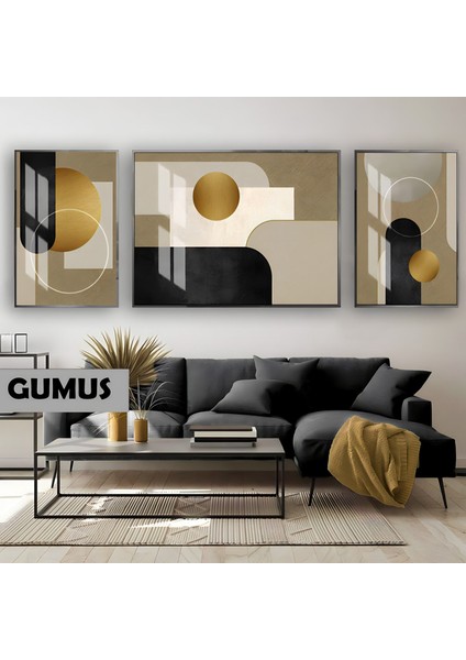 | Siyah&gold Set Geometrik Bohem Deseni |çerçeveli Temperli Cam Tablo 3lü Yatay