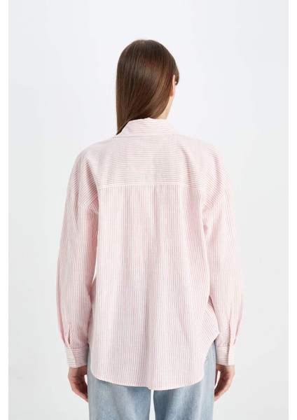 Oversize Geniş Kalıp Çizgili Keten Görünümlü Uzun Kollu Gömlek D2947AX24SM