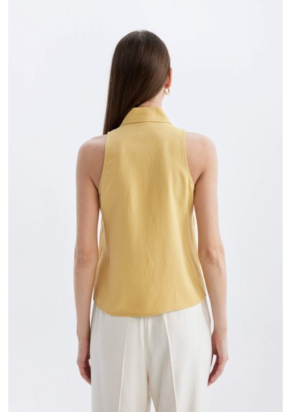 Regular Fit Gömlek Yaka Keten Karışımlı Kolsuz Bluz D2952AX24SM