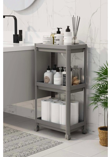 3 Katlı Banyo Raf Ünitesi – Beyaz Gri Şampuanlık ve Havluluk Düzenleyici