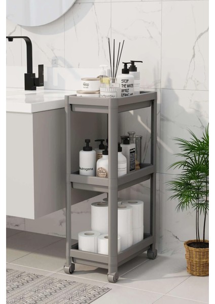 3 Katlı Banyo Raf Ünitesi – Beyaz Gri Şampuanlık ve Havluluk Düzenleyici