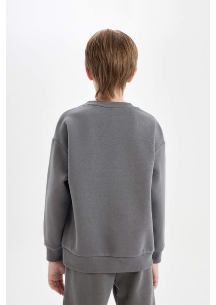 Erkek Çocuk Antrasit Oversize Geniş Kalıp Bisiklet Yaka Baskılı Kalın Okul Sweatshirt D1643A824AU