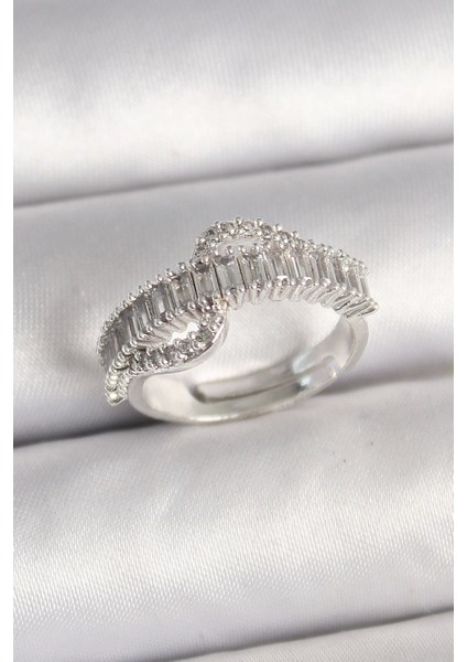 Bfs Pirinç Gümüş Renk Su Yolu Zirkon Taşlı Ayarlanabilir Model Kadın Yüzük