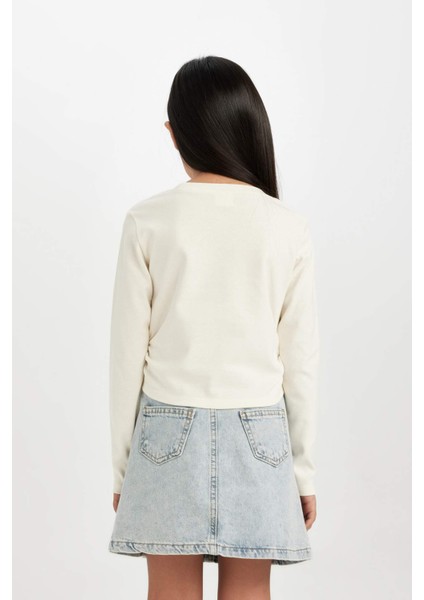 Kız Çocuk Cropped Fit Bisiklet Yaka Baskılı Ribana Uzun Kollu Tişört D2987A824AU