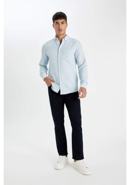 Slim Fit Dar Kesim Düğmeli Dokulu Düz Pamuk Karışımlı Uzun Kollu Gömlek T2066AZ24AU
