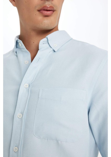 Slim Fit Dar Kesim Düğmeli Dokulu Düz Pamuk Karışımlı Uzun Kollu Gömlek T2066AZ24AU