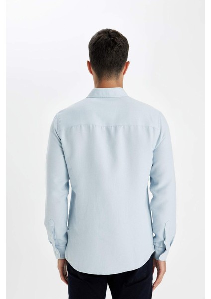 Slim Fit Dar Kesim Düğmeli Dokulu Düz Pamuk Karışımlı Uzun Kollu Gömlek T2066AZ24AU