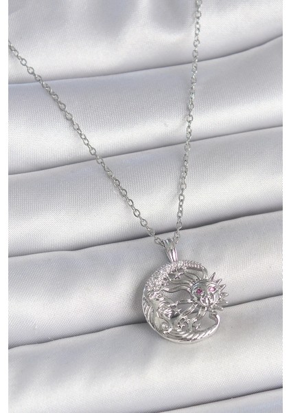 Bfs 316L Çelik Gümüş Renk Zincir Ay Güneş Model Zirkon Taş Detay Kadın Kolye