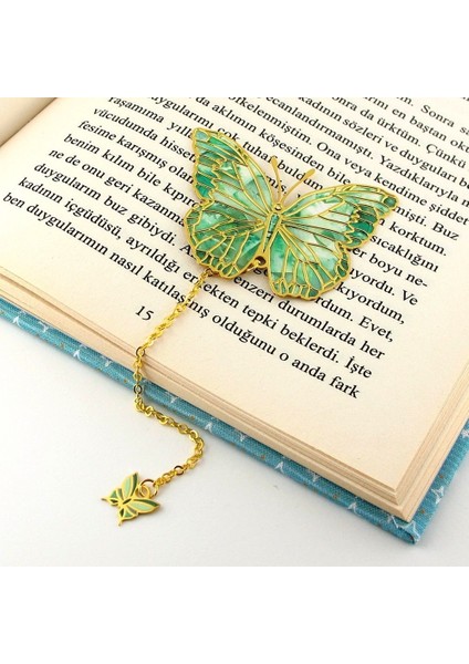 Yeşil Kelebek Vintage Zincirli Bookmark Okuyucu Metal Ayraç Kitap Ayracı AY021