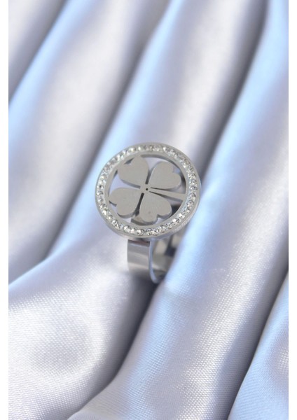 Bfs 316L Çelik Gümüş Renk Zirkon Taşlı Yonca Model Kadın Yüzük