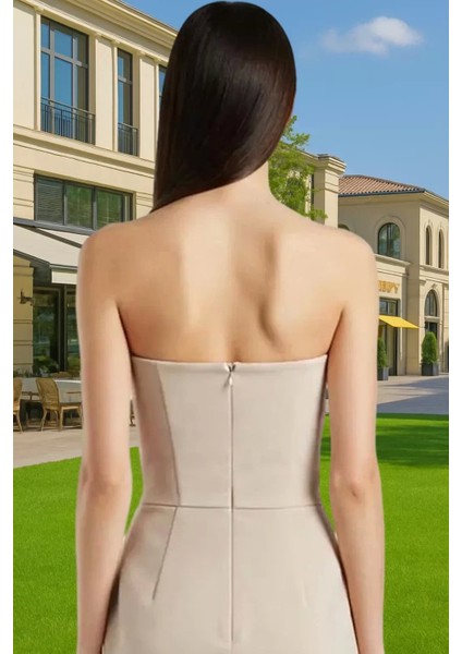 Mini A Line Straplez Abiye Elbise Polyester Elastan Finike Dokuma Özel Tasarım Özenle Seçilmiş