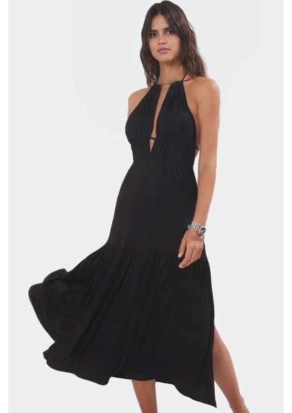 Bisiklet Yaka Cut Outlu Örme Maxi Elbise Nefes Alan Viskoz Kumaş Plaj ve Günlük Uzun Ömürlü modelleri