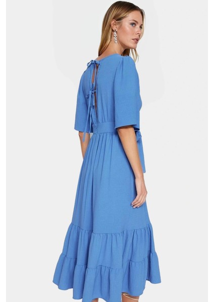 Kuşaklı Midi Elbise Rahat Kesim V Yaka Aerobin Dokuma Uzun Ömürlü Yüksek Kalite fiyatları