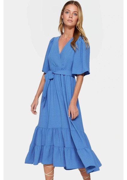 Kuşaklı Midi Elbise Rahat Kesim V Yaka Aerobin Dokuma Uzun Ömürlü Yüksek Kalite modelleri