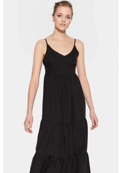 Kolsuz Maxi Elbise Skater Kalıp Lilyum Dokuma Günlük Kullanım Modern Stil Şık Görünüm