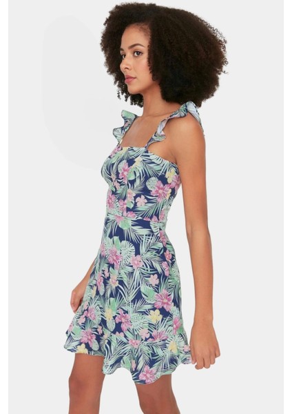 Yazlık Çiçekli Mini Elbise A Line Kare Yaka Moss Krep Polyester Rahat ve Şık