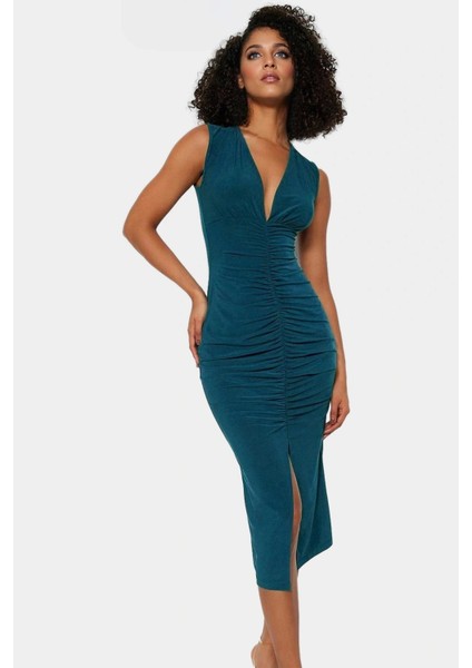 Rahat ve Şık Bodycon Midi Elbise Örme Kumaş V Yaka Büzgü Detaylar 120 cm Boy fiyatları