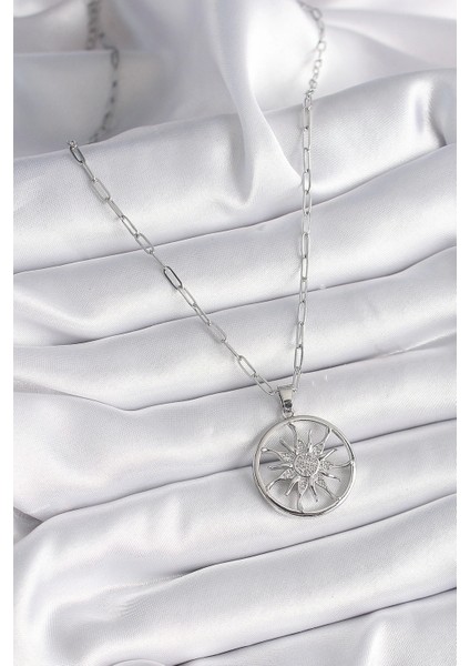 Bfs 316L Çelik Gümüş Renk Zirkon Taşlı Güneş Madalyon Model Kadın Kolye fiyatları