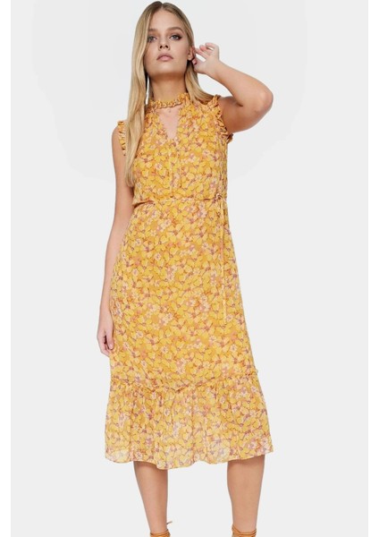 Şık Astarlı Şifon Elbise Çok Çiçek Desen Midi Boy Dik Yaka Rahat Kullanım Modern Stil