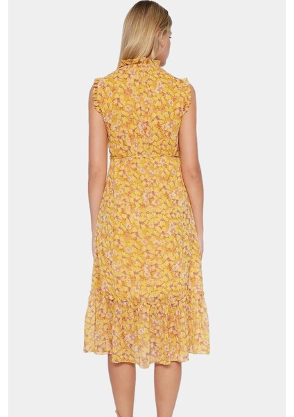 Şık Astarlı Şifon Elbise Çok Çiçek Desen Midi Boy Dik Yaka Rahat Kullanım Modern Stil fiyatları