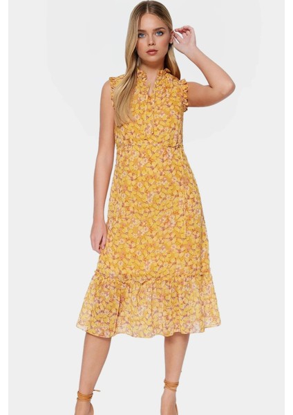 Şık Astarlı Şifon Elbise Çok Çiçek Desen Midi Boy Dik Yaka Rahat Kullanım Modern Stil modelleri