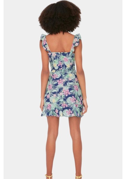 Yazlık Çiçekli Mini Elbise A Line Kare Yaka Moss Krep Polyester Rahat ve Şık fiyatları