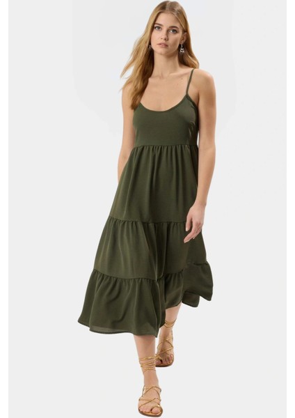 Polyester Dokuma Midi Elbise Renk Skater Kalıp Kolsuz Belden Açılan Etek Mükemmel Uyum