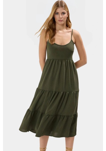 Polyester Dokuma Midi Elbise Renk Skater Kalıp Kolsuz Belden Açılan Etek Mükemmel Uyum modelleri