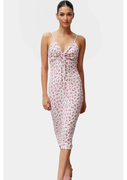 Şık Çiçekli A Line Midi Elbise Nefes Alan Örme Kumaş V Yaka Ince Askılı Trend Tasarım modelleri