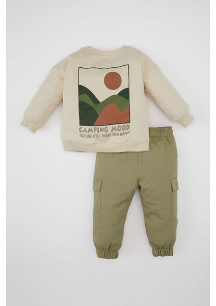 Erkek Bebek 2'li Takım Bisiklet Yaka Baskılı Sweatshirt Kargo Cepli Beli Lastikli Pantolon D3348A524AU
