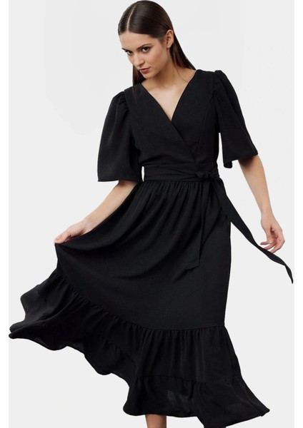 Kuşaklı Midi Elbise Rahat Kesim V Yaka Aerobin Dokuma Uzun Ömürlü Yüksek Kalite modelleri