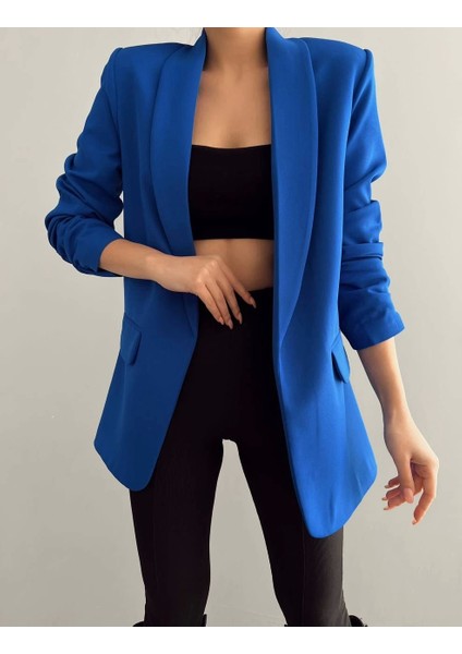 Atlas Kumaş Astarlı Büzgü Kol Tam Kalıp Saks Mavi Blazer Ceket