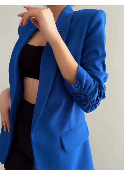 Atlas Kumaş Astarlı Büzgü Kol Tam Kalıp Saks Mavi Blazer Ceket