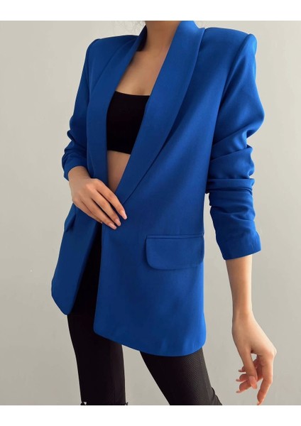 Atlas Kumaş Astarlı Büzgü Kol Tam Kalıp Saks Mavi Blazer Ceket