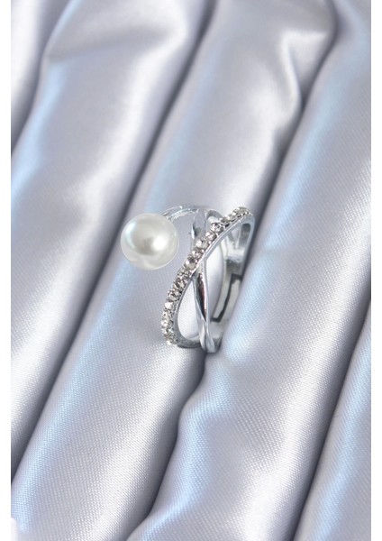 Bfs Gümüş Renk Zirkon Taşlı Incili Kadın Yüzük