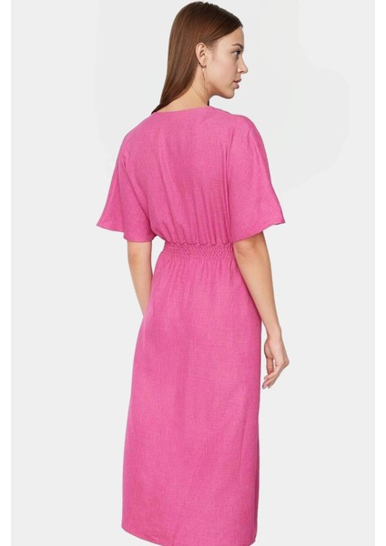 Şık Keten Görünümlü Kuşaklı Midi Elbise Rahat ve Nefes Alabilir Günlük Kullanım Için Modern Stil fiyatları