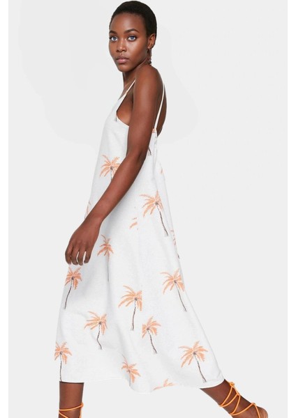 Çiçekli Desenli Keten Görünümlü Midi Elbise Viskoz Kumaş Rahat Şık Yazlık Kullanım