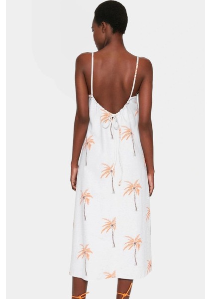 Çiçekli Desenli Keten Görünümlü Midi Elbise Viskoz Kumaş Rahat Şık Yazlık Kullanım fiyatları