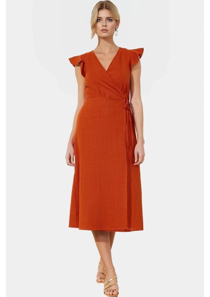 Kısa Kollu Keten Görünümlü Midi Elbise V Yaka Kruvaze Rahat Kalıp Mükemmel Uyum Yüksek Kalite